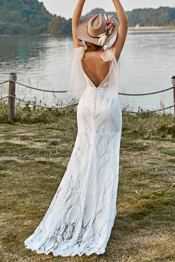 Ivory Mermaid Lace Sweep Train Boho Wedding Dress With Bowknots