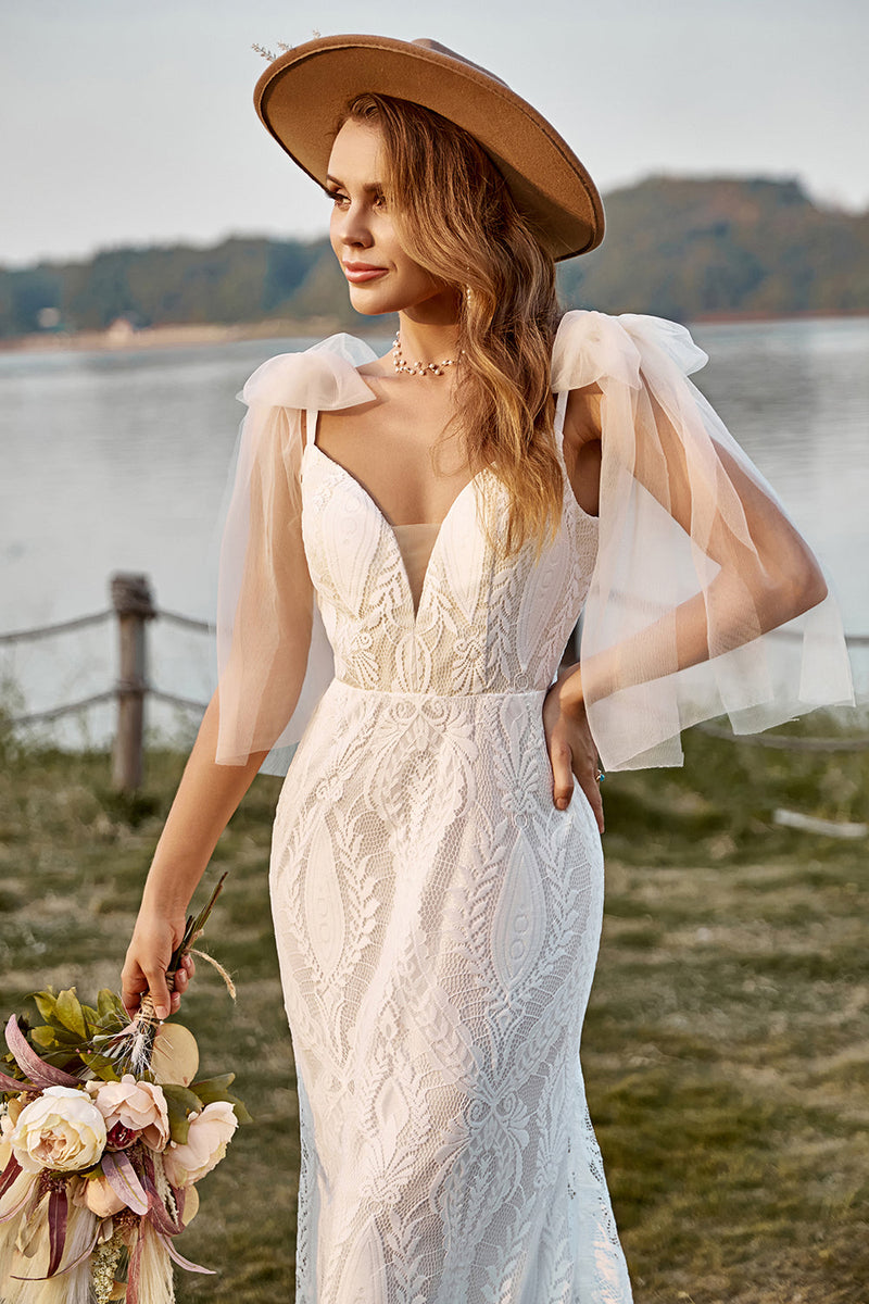 Load image into Gallery viewer, Ivory Mermaid Lace Sweep Train Boho Wedding Dress With Bowknots