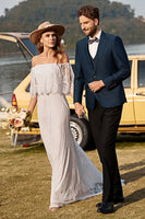 Load image into Gallery viewer, Ivory Mermaid Off The Shoulder Lace Boho Wedding Dress With Sweep Train