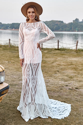 Ivory Mermaid Long Sleeves Lace Boho Wedding Dress With Sweep Train