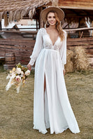 Load image into Gallery viewer, Ivory Lace Chiffon V-Neck Long Sleeve Boho Wedding Dress