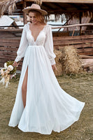 Load image into Gallery viewer, Ivory Lace Chiffon V-Neck Long Sleeve Boho Wedding Dress