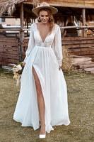 Load image into Gallery viewer, Ivory Lace Chiffon V-Neck Long Sleeve Boho Wedding Dress