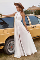 Load image into Gallery viewer, Ivory Lace Chiffon Halter Boho Wedding Dress With Slit