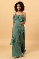 Load image into Gallery viewer, Eucalyptus Spaghetti Straps Long Bridesmaid Dress with Ruffles