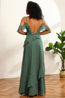 Eucalyptus Spaghetti Straps Long Bridesmaid Dress with Ruffles