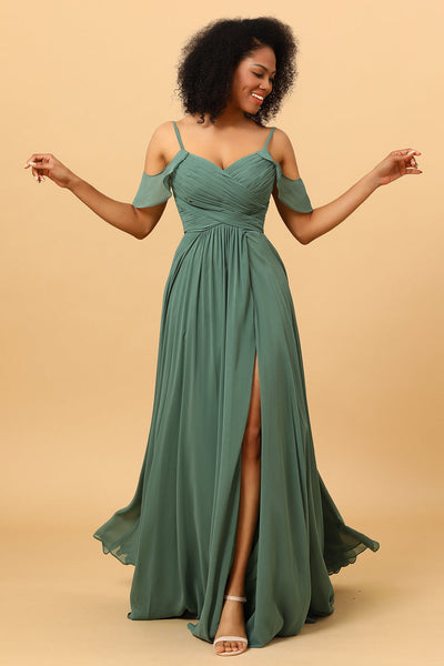 Eucalyptus A Line Spaghetti Straps Long Chiffon Bridesmaid Dress With Slit