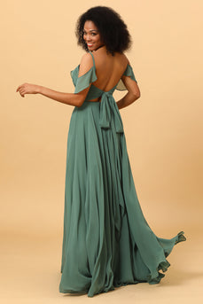 Eucalyptus A Line Spaghetti Straps Long Chiffon Bridesmaid Dress With Slit