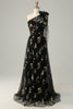 Load image into Gallery viewer, Tulle One Shoulder Black Long Formal Dress with Embroidery