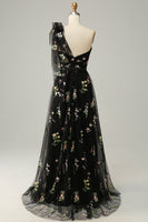 Load image into Gallery viewer, Tulle One Shoulder Black Long Formal Dress with Embroidery