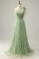 Load image into Gallery viewer, Tulle One Shoulder Green Long Formal Dress with Embroidery