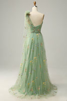 Load image into Gallery viewer, Tulle One Shoulder Green Long Formal Dress with Embroidery