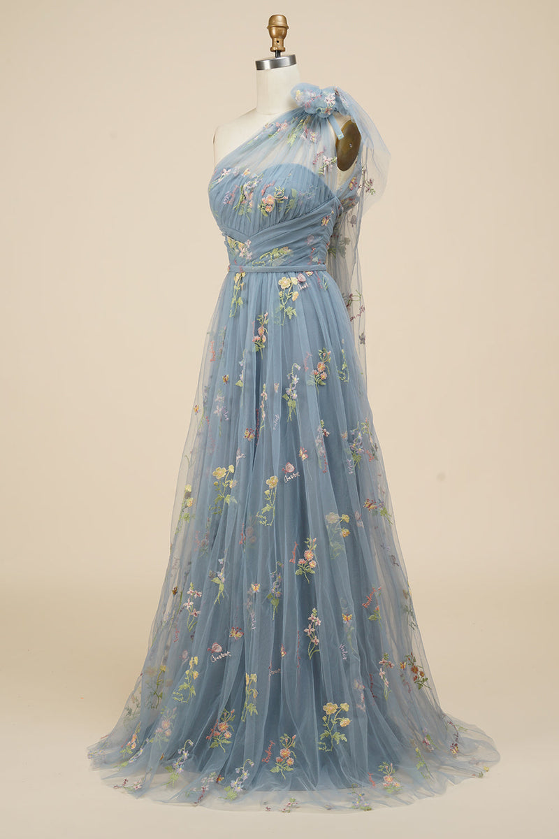 Load image into Gallery viewer, A-Line Grey Blue Long Formal Dress With Embroidery