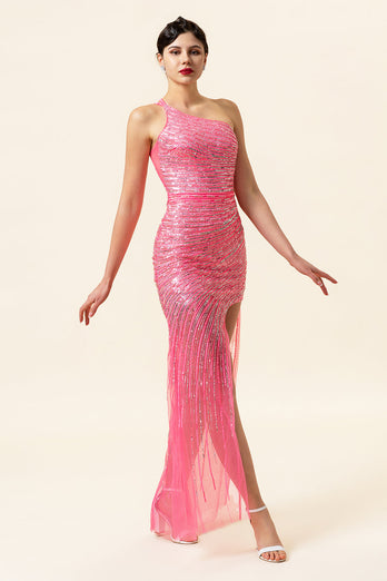 Sparkly Pink Beaded Long Prom Dress with Slit