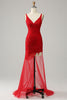 Load image into Gallery viewer, Mermaid V Neck Red Long Formal Dress with Embroidery