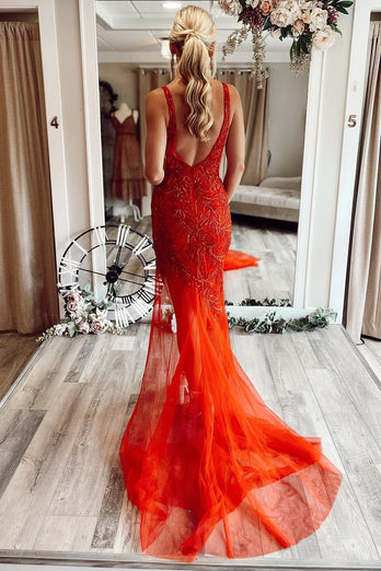 Mermaid V Neck Red Long Formal Dress with Embroidery