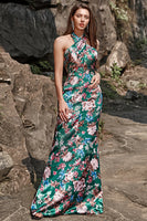 Load image into Gallery viewer, Flower Print Halter Satin Bridesmaid Dress