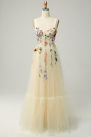 Load image into Gallery viewer, Champagne Spaghetti Straps Long Formal Dress With 3D Flowers