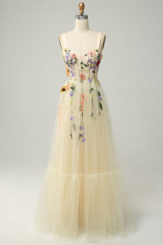Champagne Spaghetti Straps Long Formal Dress With 3D Flowers