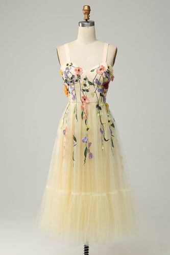 Tulle Champagne Spaghetti Straps Formal Dress With 3D Flowers