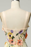 Load image into Gallery viewer, Tulle Champagne Spaghetti Straps Formal Dress With 3D Flowers