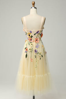 Tulle Champagne Spaghetti Straps Formal Dress With 3D Flowers