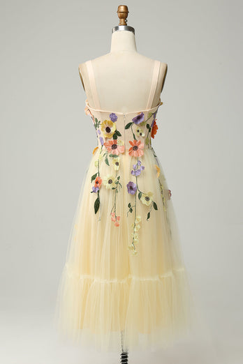 Tulle Champagne Spaghetti Straps Formal Dress With 3D Flowers