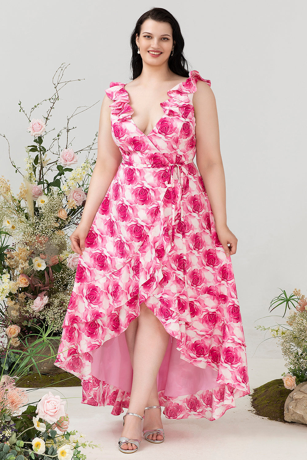 Plus Size High Low Pink Flower Printed Bridesmaid Dress with Ruffles