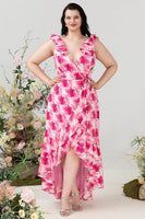 Load image into Gallery viewer, Plus Size High Low Pink Flower Printed Bridesmaid Dress with Ruffles