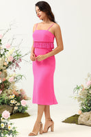 Load image into Gallery viewer, Spaghetti Straps Hot Pink Bridesmaid Dress with Fringes