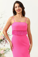 Load image into Gallery viewer, Spaghetti Straps Hot Pink Bridesmaid Dress with Fringes