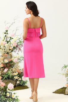 Spaghetti Straps Hot Pink Bridesmaid Dress with Fringes