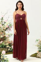 Load image into Gallery viewer, Burgundy Spaghetti Straps Lace Bridesmaid Dress with Hollow-out