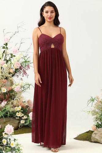 Burgundy Spaghetti Straps Lace Bridesmaid Dress with Hollow-out