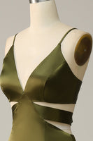 Load image into Gallery viewer, Spaghetti Straps Cut Out Olive Long Bridesmaid Dress with Slit
