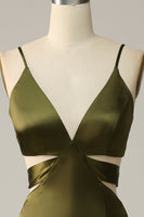 Load image into Gallery viewer, Spaghetti Straps Cut Out Olive Long Bridesmaid Dress with Slit