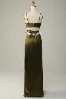 Spaghetti Straps Cut Out Olive Long Bridesmaid Dress with Slit