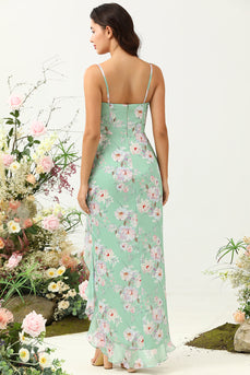 Sheath Spaghetti Straps Light Green Floral Printed Bridesmaid Dress with Split Front