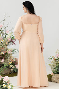 Square Neck Peach Plus Size Bridesmaid Dress with Sleeves