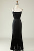 Load image into Gallery viewer, Spaghetti Straps Black Satin Formal Dress with Fringes