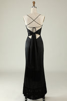 Load image into Gallery viewer, Spaghetti Straps Black Satin Formal Dress with Fringes