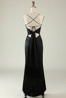 Spaghetti Straps Black Satin Formal Dress with Fringes