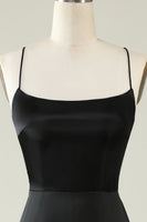 Load image into Gallery viewer, Spaghetti Straps Black Satin Formal Dress with Fringes