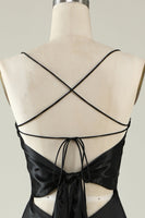 Load image into Gallery viewer, Spaghetti Straps Black Satin Formal Dress with Fringes