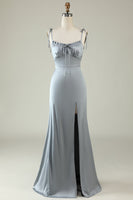 Load image into Gallery viewer, Spaghetti Straps Satin Grey Bridesmaid Dress with Slit
