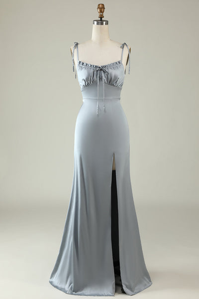 Spaghetti Straps Satin Grey Bridesmaid Dress with Slit