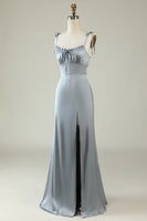 Load image into Gallery viewer, Spaghetti Straps Satin Grey Bridesmaid Dress with Slit