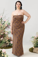 Load image into Gallery viewer, Brown Print Strapless Plus Size Bridesmaid Dress