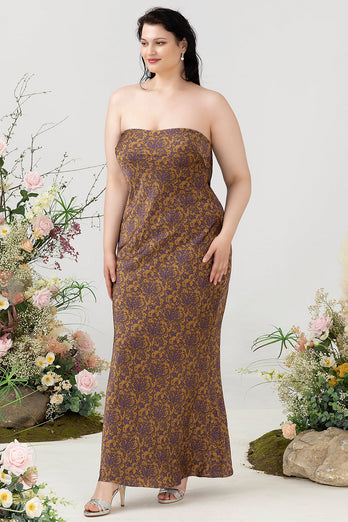 Brown Print Strapless Plus Size Bridesmaid Dress