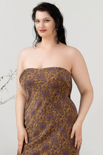 Brown Print Strapless Plus Size Bridesmaid Dress